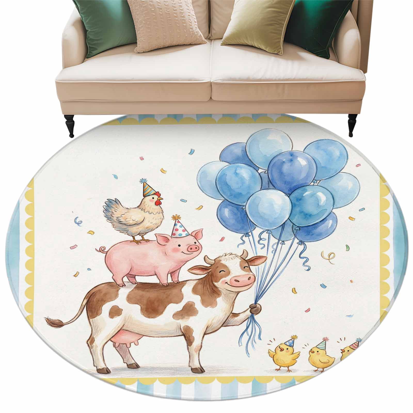 Cute Farm Animals Round Rug 7ft Washable Circle Rugs Non Slip Cow Pig ...