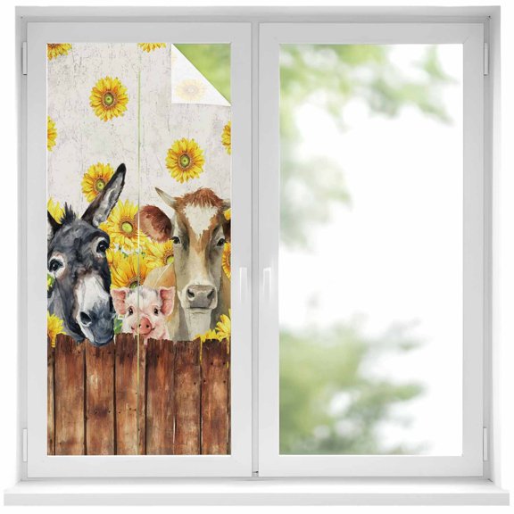 Cute Farm Animals Window Privacy Film, Farmhouse Cow Pig Sunflowers Static Cling UV Sun Blocking Heat Control Window Tint Day and Night, Non-Adhesive One Way Windows Privacy Cover 19.6''x39.3''