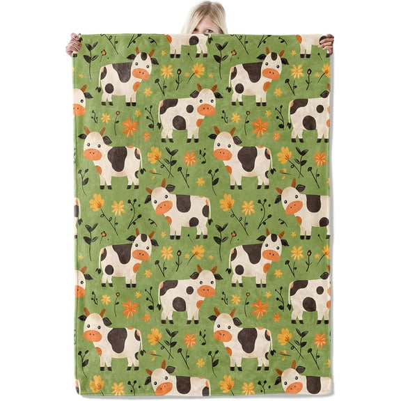 Cute Farm Cow Floral Throw Blankets 60x50 Inches, Ultra Soft Cozy Warm Fuzzy Gifts for Kids Adults, Adorable Pastoral Animal Theme Polyester Blanket for Travel Camping Sofa Living Room Decor