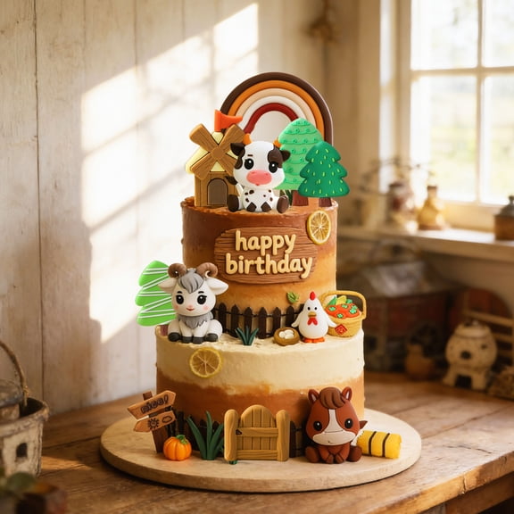 Cute Farm-Themed Cake Decoration Set - Adorable Animals and Rustic Elements Perfect for Birthday Party Decorations