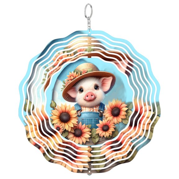 Cute Farmer Pig Sunflowers Hat 3D Wind Spinner Kinetic Hanging Aluminum Farm Animal Decor Round