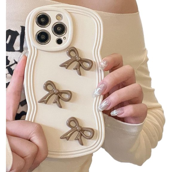 Cute Fashion 3D Bow Solid Color Simple Wave Phone Case Compatible with iPhone Case (for iPhone 16 Pro Max,White)