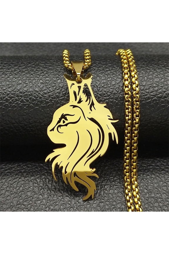 Cute Fashion Hollow Animal Cat Head 14K Yellow Gold Pendant Necklace for Women Men Gold Silver Color Pet Kitten Long Hair Cat Jewelry