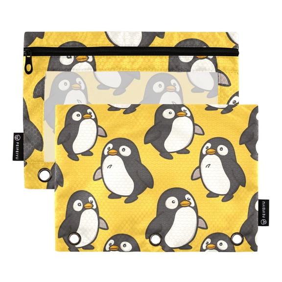 Cute Fat Penguin 2 Pack Pencil Pouch for 3 Ring Binder Smooth Zipper Folders with Pockets Clear Window Pencil Case