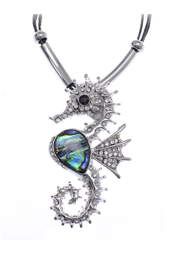Cute Faux Abalone Shell King Seahorse Silver Tone Cord Beach Fashion Necklace