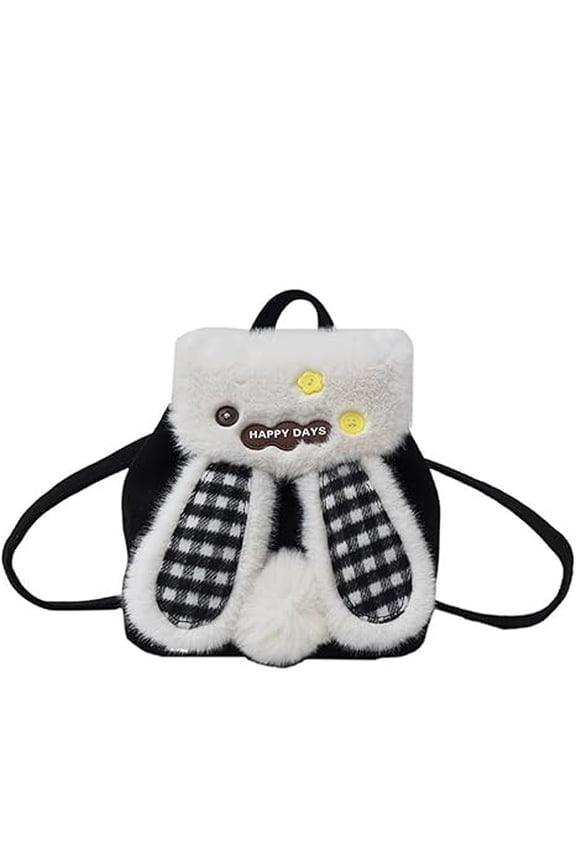 Cute Faux Fur Bunny Backpack, Plaid Ear Plush Rucksack with Pom Cute Rabbit Stuffed Animal with Lace-Up Ears & Double Straps for Women(1pc - Black)