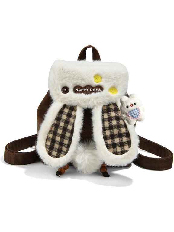Cute Faux Fur Bunny Backpack, Plaid Ear Plush Rucksack with Pom‑Pom Tail, Drawstring Bucket Bag, Adjustable Strap for Daily Travel Winter Use, Brown