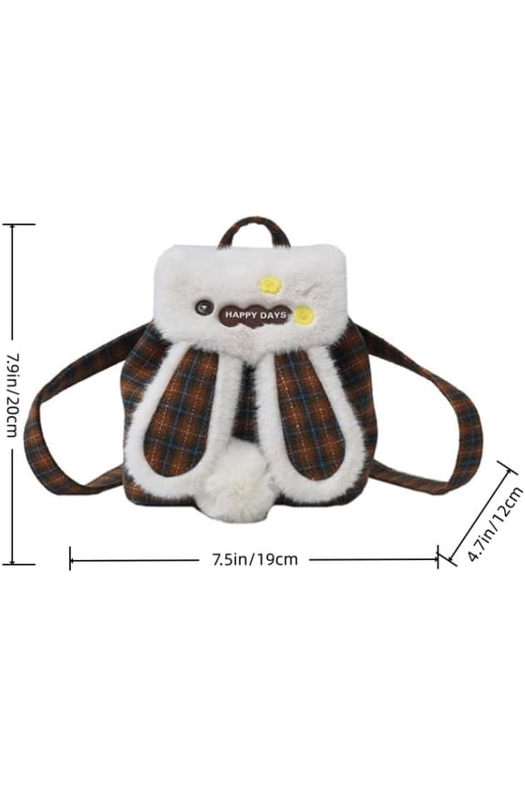 Cute Faux Fur Bunny Backpack,Soft Plaid Rabbit Ear Plush Backpack with Ball,Winter Drawstring Shoulder Bag for Women （Brown）