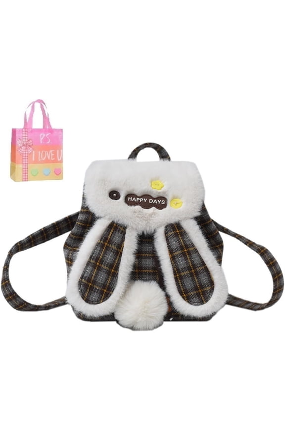 Cute Faux Fur Bunny Backpack for Women – Soft Plaid Rabbit Ear Plush Drawstring Shoulder Bag with Pom Ball (Winter Essential) Z