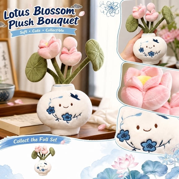 Cute Faux Porcelain Vase Plush Toys, Kawaii Room Decor, Cute Desk Decor, Flower Arrangement, Office Cubicle Decor, 8X8 Inch Detachable Soft Lotus Flower Bouquet Stuffed Ornament