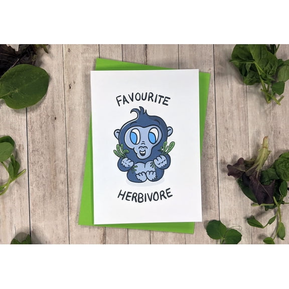 Cute "Favourite Herbivore" Greeting Card Featuring Adorable Monkey Design  Perfect for Animal Lovers  Blank Inside with Envelope Included