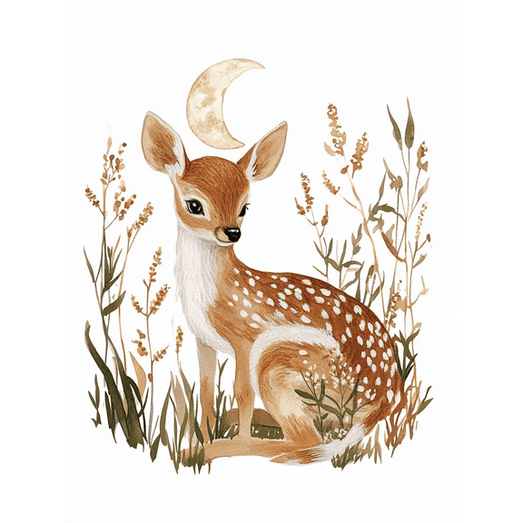 Cute Fawn Moonlit Meadow Watercolor Wall Art Canvas Print Suitable for Living Room Bedroom Nursery Office and Hallway Decoration.