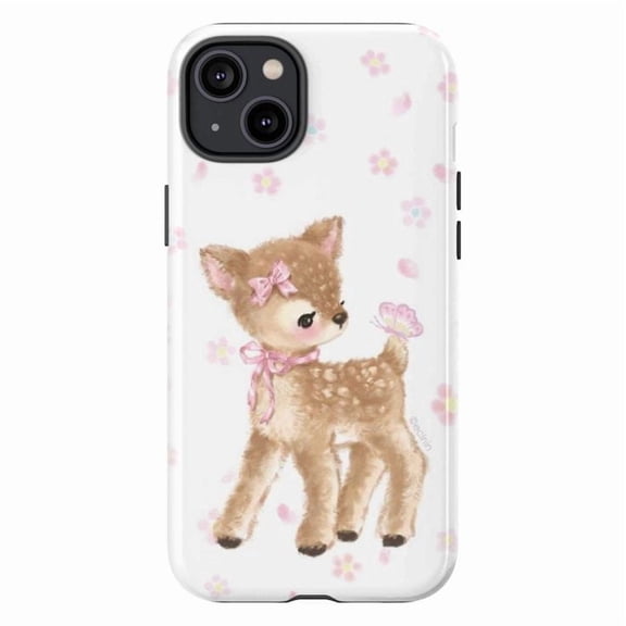 Cute Fawn Phone Case, Vintage Deer Art Pink Bow Cherry Blossom Cover for iPhone 17 16 15 14 13 12 11 Plus Pro Max Mini