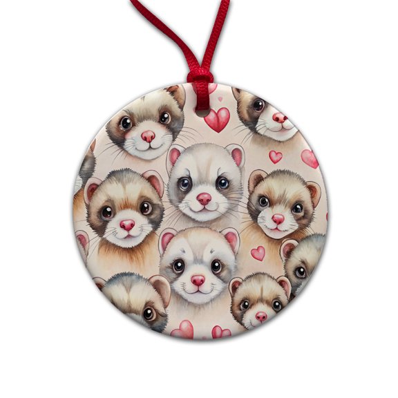 Cute Ferret Faces Hearts Watercolor Christmas Tree Holiday Round Ceramic Ornament