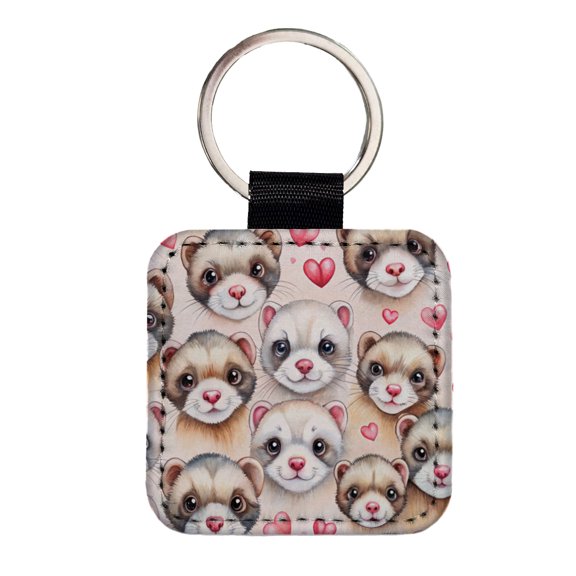 Cute Ferret Faces Hearts Watercolor Faux Leather Square Keychain