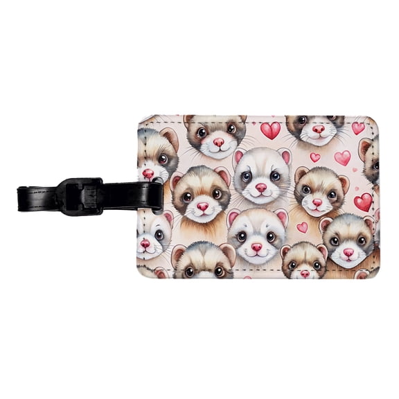 Cute Ferret Faces Hearts Watercolor Faux Leather Travel Luggage Tag
