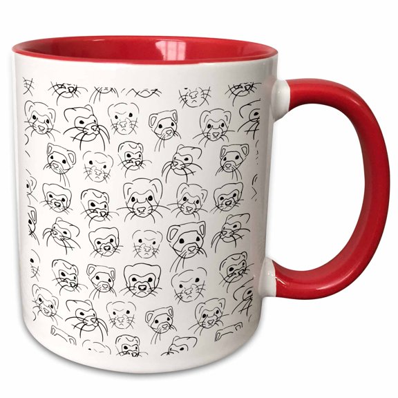 3drose, Cute Ferret Faces Line Art, 11oz Two-tone Red Mug