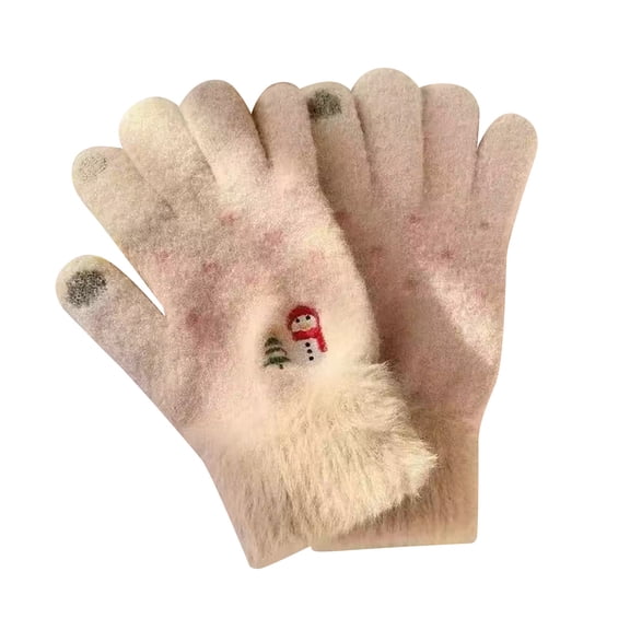 Cute Festive Fuzzy Gloves Christmas Embroidery Warm Winter Gloves Tuch Screen Gloves Khaki Free Size