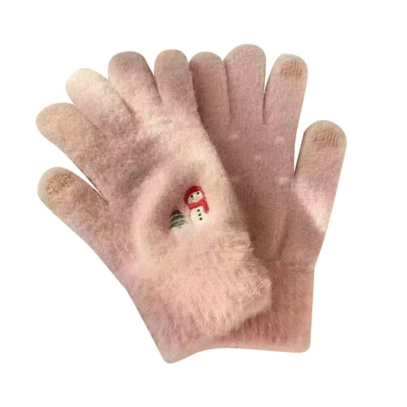 Cute Festive Fuzzy Gloves Christmas Embroidery Warm Winter Gloves Tuch Screen Gloves Pink Free Size