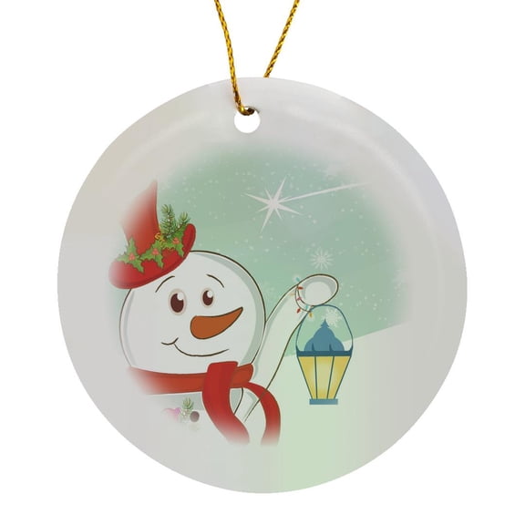 3drose, Cute Festive Winter Snowman Holding Lantern Scene Seasonal Holiday Xmas Christmas Cartoon, Circle Porcelain Ornament