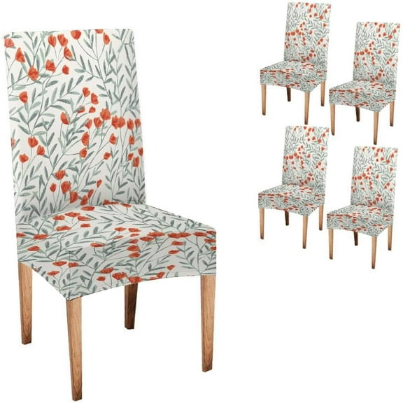 Cute Field Flowers and Leaves Chair Covers Set of 4 Stretch Removable Washable Slipcovers for Dining Room Hotel Kitchen