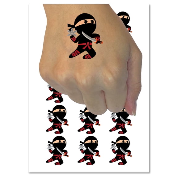 Cute Fighting Ninja Water Resistant Temporary Tattoo Set Fake Body Art Collection - 54 1" Tattoos (1 Sheet)