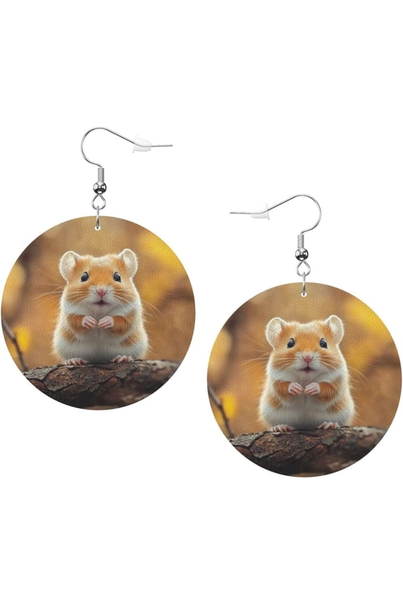 Cute Fine Hamster Earrings for Women PU Leather Dangle Earrings, Lightweight Round Shape Leather Teardrop Dangly Ear Pendants Jewelry Gift[u339]