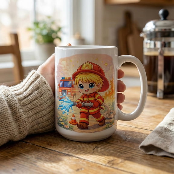 Cute Firefighter Boy Mug Gift Cartoon Fireman Coffee Cup Kids Hero Rescue Theme Ceramic Mug Birthday Gift For Firefighter Lover