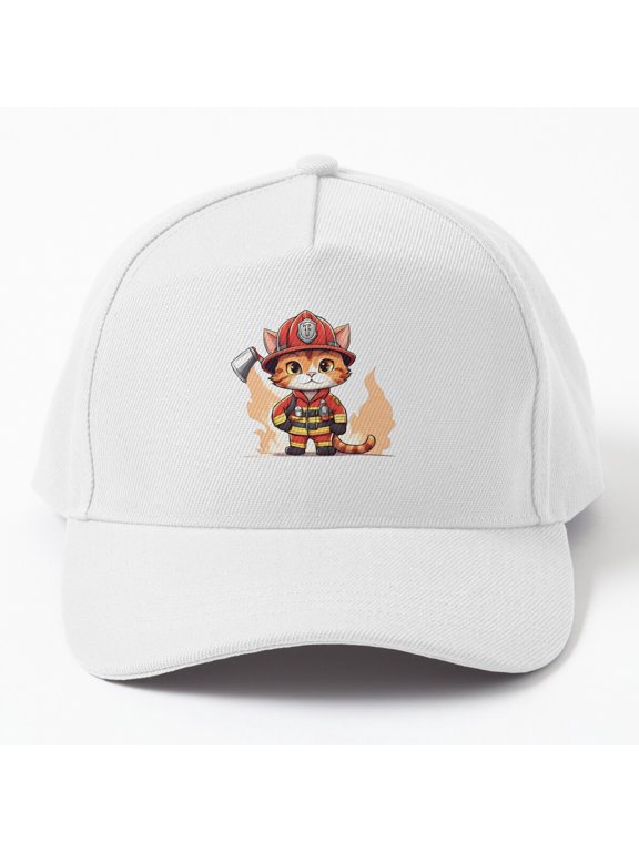 Cute Firefighter Cat Baseball Cap, Rescue Feline Character Graphic Design, Classic Everyday Hat
