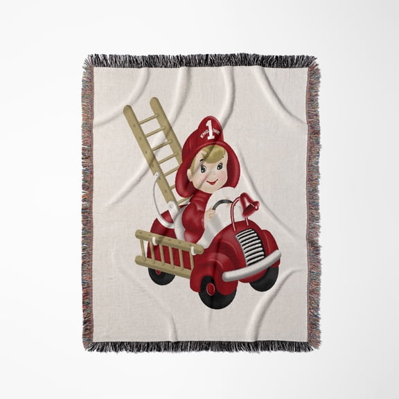 Cute Firetruck With Little Boy Fireman Illustration, Woven Blanket