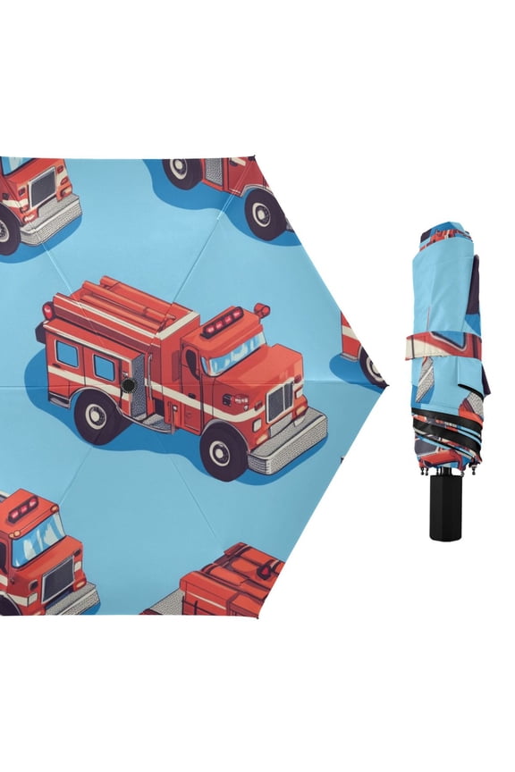 Cute Firetrucks All Weather Umbrella Triple Folding Parasol 6 Ribs UV Protection Portable