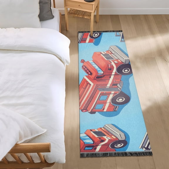 Cute Firetrucks Bedside Runner Rug 2'x 6' Non Slip Carpet Floor Mat Area Rug