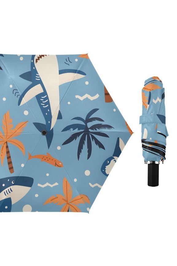 Cute Fish Coconut Tree Wave Bubbles All Weather Umbrella Triple Folding Parasol 6 Ribs UV Protection Portable