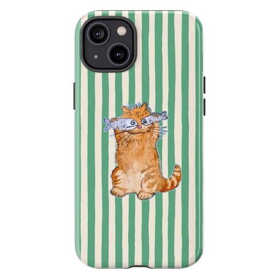 Cute Fish Eyed Cat Phone Case, Striped Green Background with Whimsical Cat Illustration, Artistic Protective iPhone Cover for iPhone 17 16 15 14 13 12 11 Pro Plus Mini