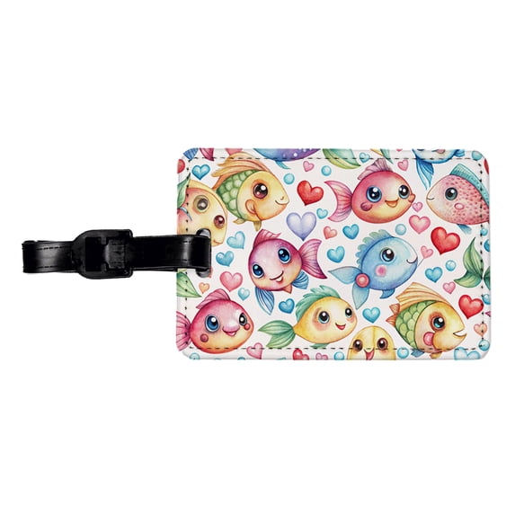 Cute Fish Faces Hearts Watercolor Faux Leather Travel Luggage Tag