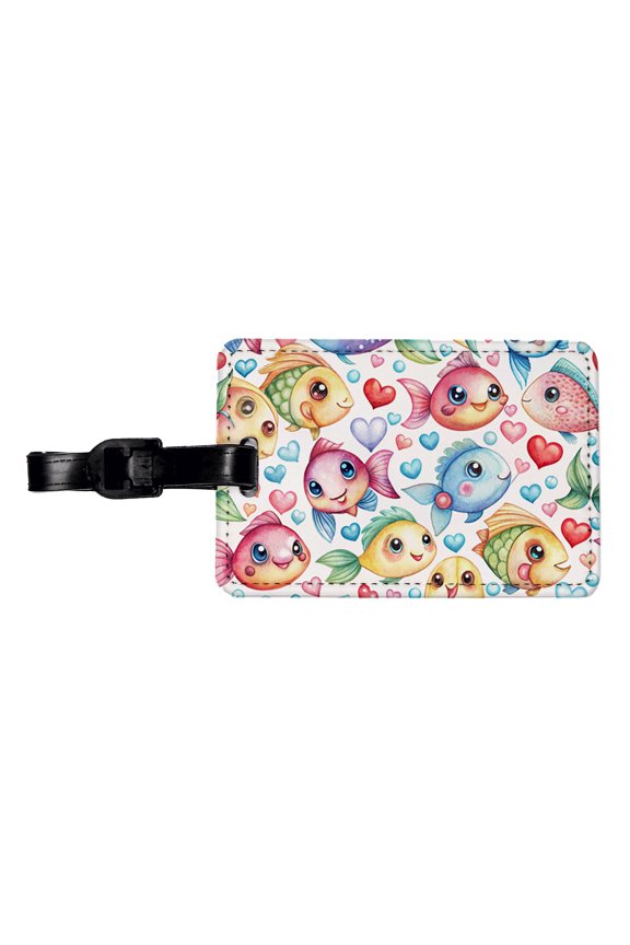 Cute Fish Faces Hearts Watercolor Faux Leather Travel Luggage Tag