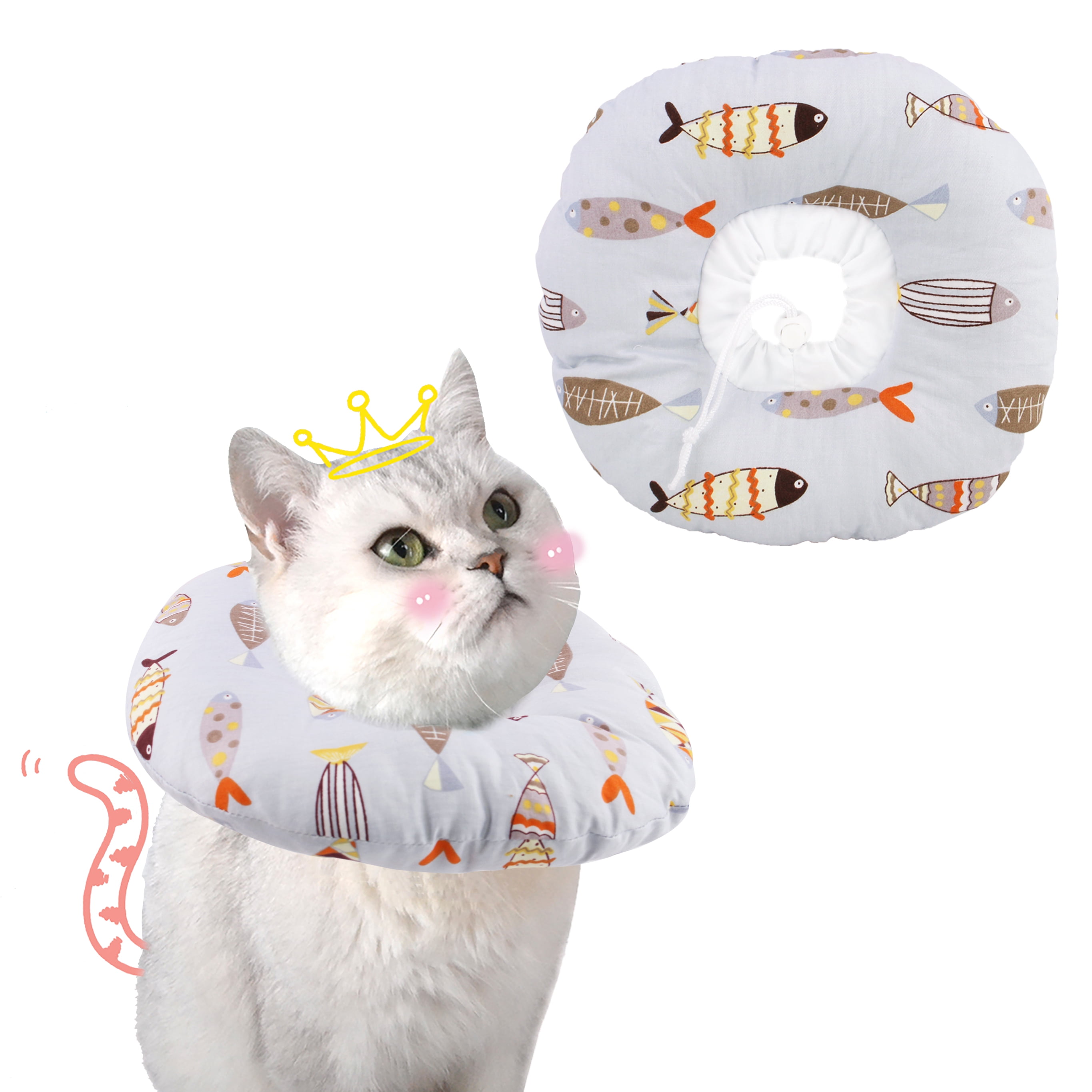 Cute Fish Print Pet Elizabeth Collar Cute Recovery Healing Protective Cats and Dogs E-Collar (M) EHD