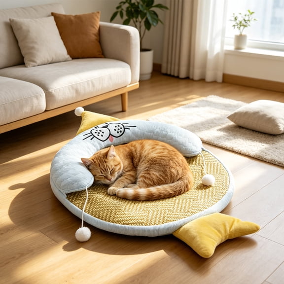 Cute Fish Shaped Pet Bed, Breathable Rattan Mat, Summer Cooling Pad, U Shaped Neck Pillow, Hanging Toys, Washable, For Indoor Cats Dogs