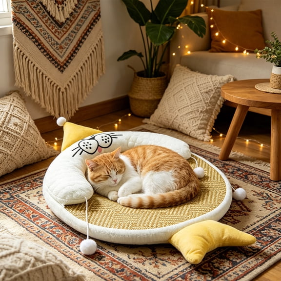 Cute Fish Shaped Pet Bed, Breathable Rattan Mat, Summer Cooling Pad, U Shaped Neck Pillow, Hanging Toys, Washable, For Indoor Cats Dogs