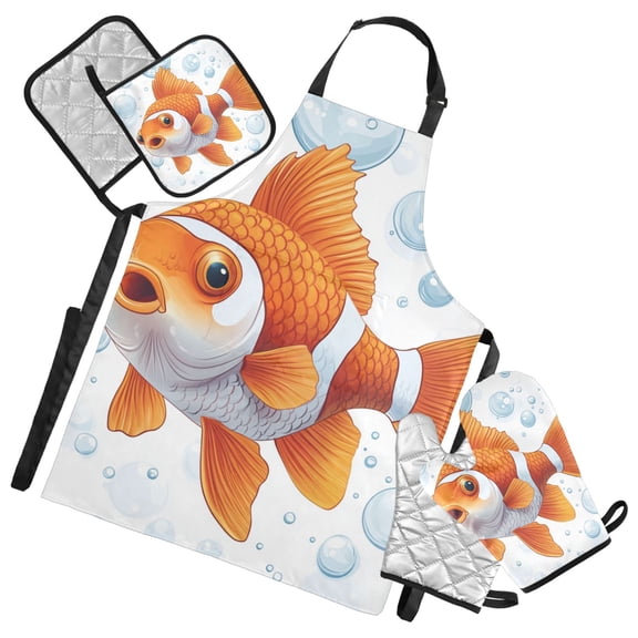 Cute Fish and Bubbles Apron Set with Oven Mitts Pot Holders Set of 5 Kitchen Stuff Accessories
