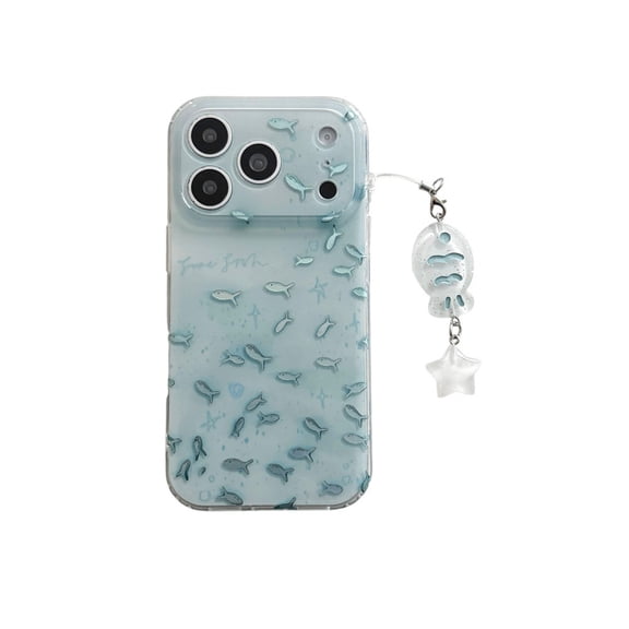 Cute Fish for iPhone 17 Pro Max Case with Phone Strap,Translucent Light Blue Gradient Soft TPU Shockproof Cover,Mobile Phone Accessories for Girls, Summer Beach Style Phone Case