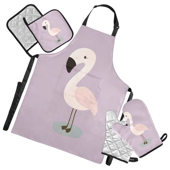 Cute Flamingo 5 Pcs Kitchen Set Heat Resistant Oven Mitts and Non-Slip Pot Holders with Adjustable Cooking Apron