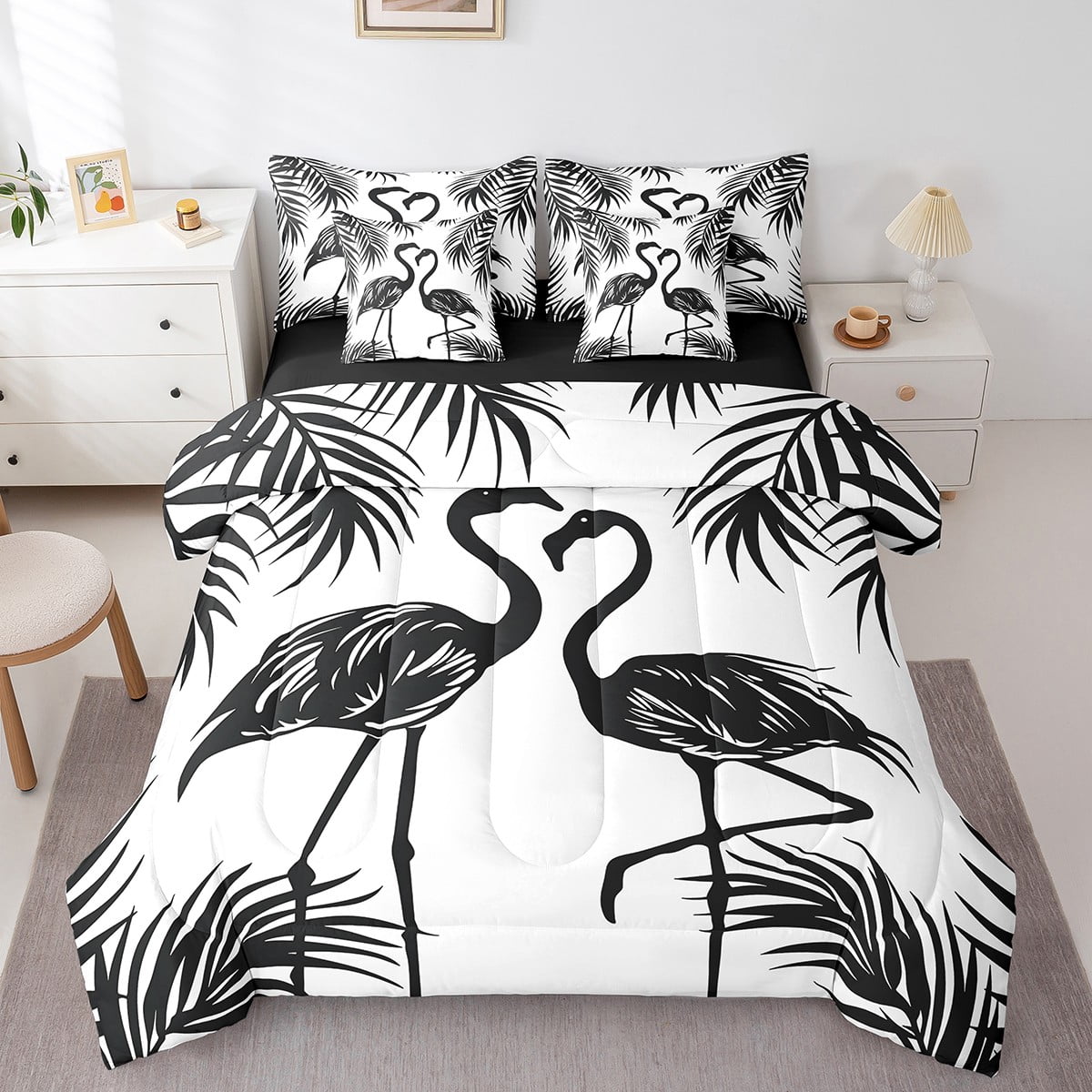 Cute Flamingo Bedding Queen Size 7Piece Black and White Comforter Set