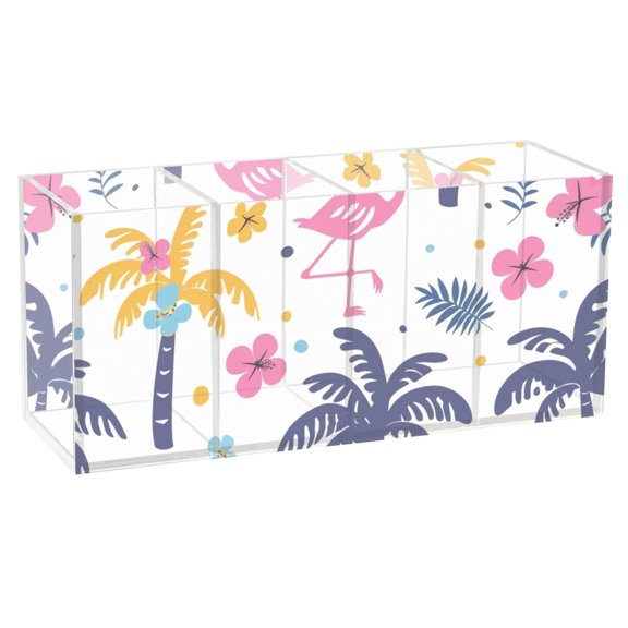 Cute Flamingo Flower Tree Acrylic Pencil Pen Holder Cup 4 Compartments Desktop Organiser 7.87"x2.78"x3.54"