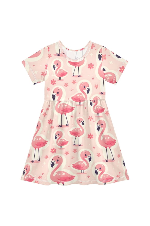Cute Flamingo Overlay Image Short Sleeve Dress A-Line Cute Midi Casual Sundress 2-8 Years