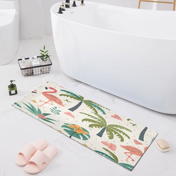 Cute Flamingo Palm Tree Flower Bath Mat 39x20 Non-Slip Bathroom Rugs Absorbent Soft Plush Quick Dry for Tub Shower Kitchen Home Decor