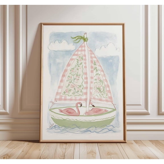 Cute Flamingo Sailboat Art, Pink Gingham Coastal Nursery Wall Decor Wall Art Print