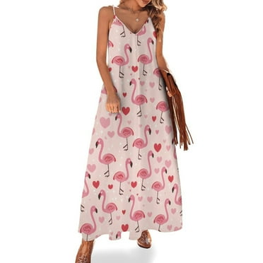 Cute Flamingo Women's Maxi Dress Spaghetti Strap Bohemian Long Maxi Beach Sundress Cami Backless A Line Flowy Dresses S