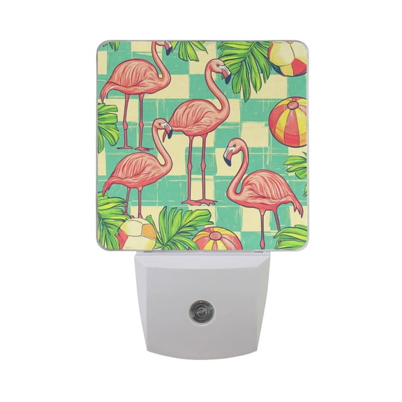 Cute Flamingos Balls Leaves Green Plaids LED Night Light with Smart Sensor Plug Into Wall Dusk to Dawn 2 packs