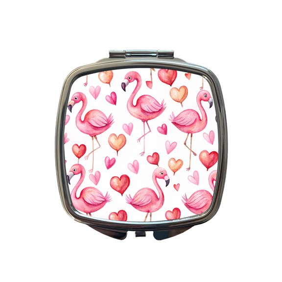 Cute Flamingos Hearts Watercolor Travel Makeup Handbag Purse Small Pocket Compact Mirror